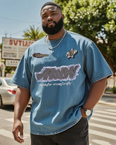 Big & Tall Men's Washed Tape Letter Embroidered Denim Short Sleeve T-Shirt